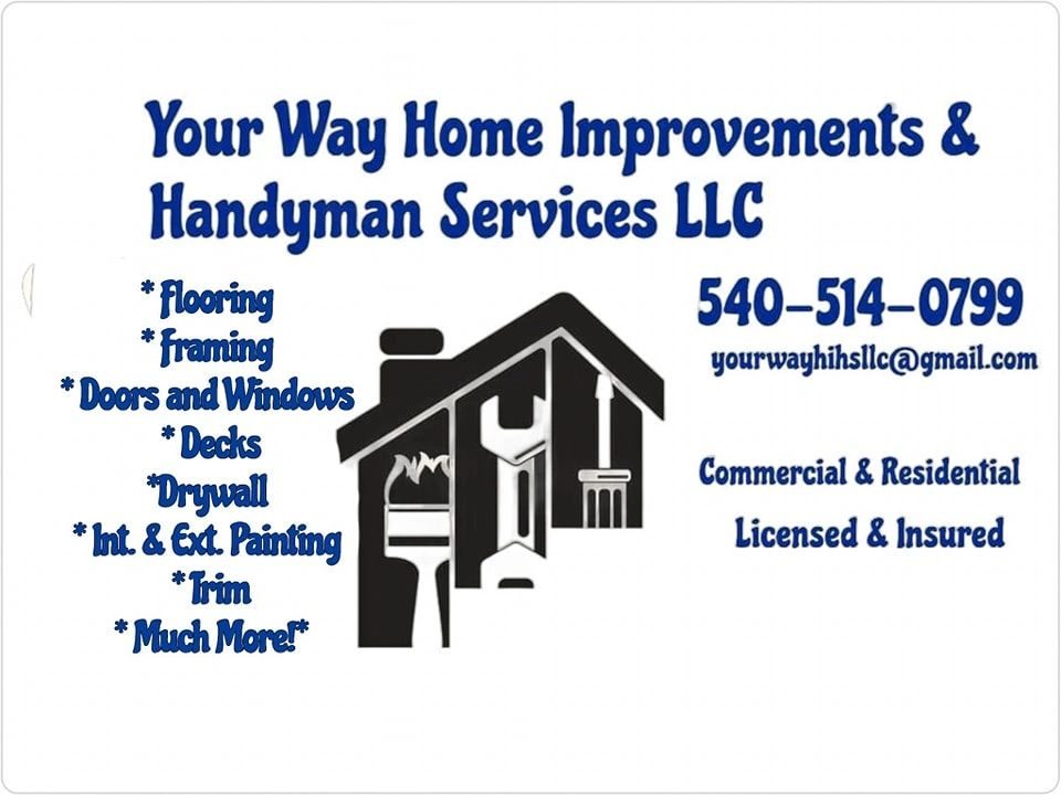 Your Way business card listing commercial and residential handyman work, licensed and insured, and the Martinsburg phone number.