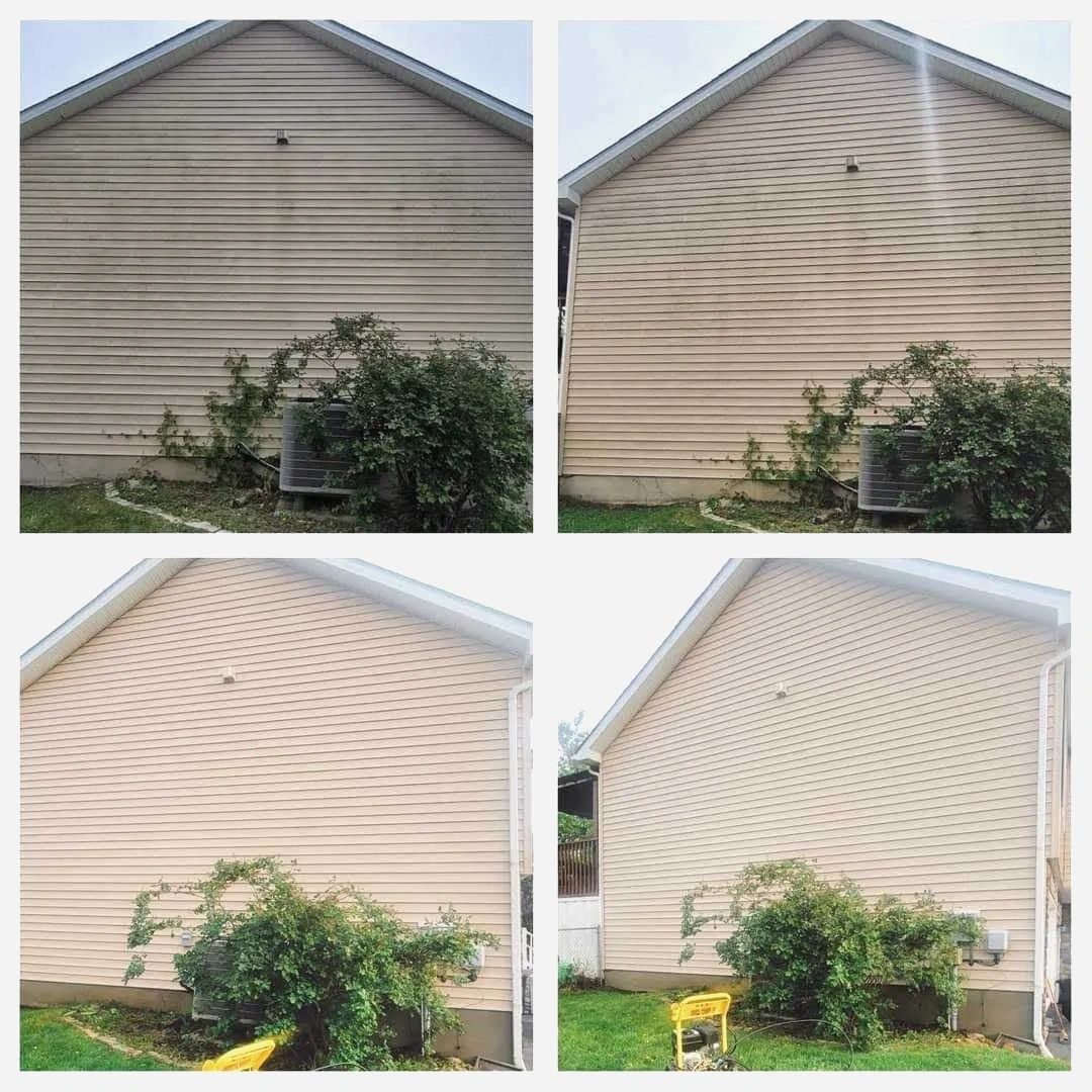 Before and after pressure washing of house siding, with their yellow washer in the last frame.